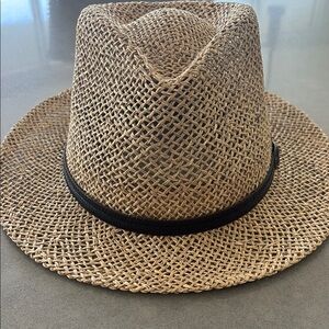 Tan and Black Fedora Hat with Pinched Crown